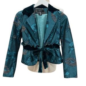Arden B Floral Brocade Tie Front Peplum Jacket Velvet Trim SZ S Teal